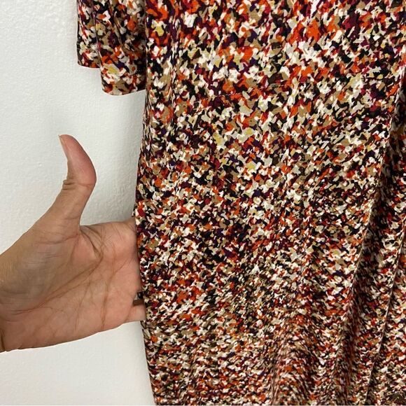J Jill Midi Dress Sz L Brown Abstract Stretchy Knit Long Sleeve Pleated Pockets - Picture 10 of 11